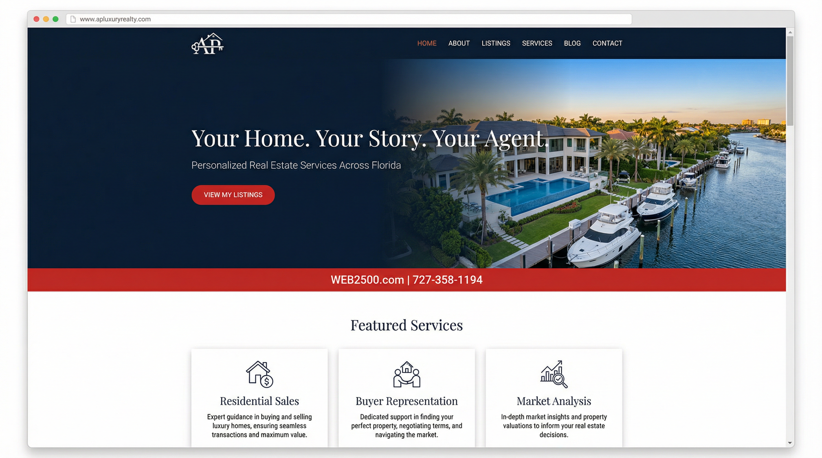 Waterfront Hero with Services Mockup