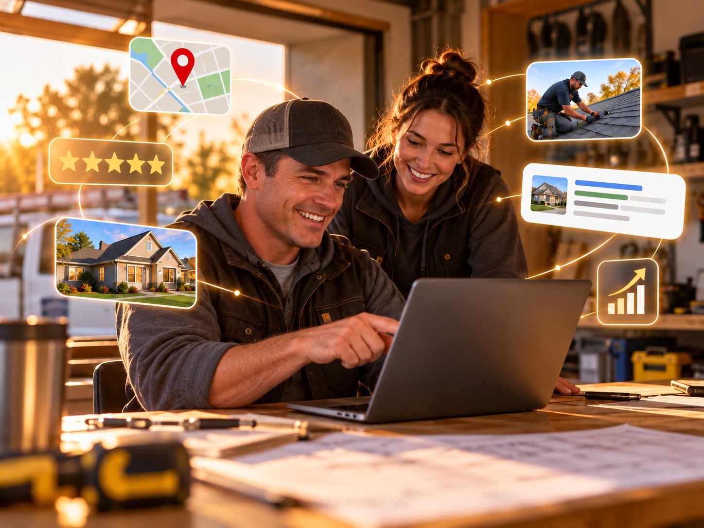 Roofing business owners using local online marketing