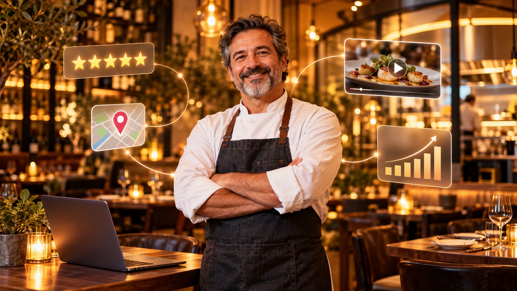 Local business owner with online marketing visuals
