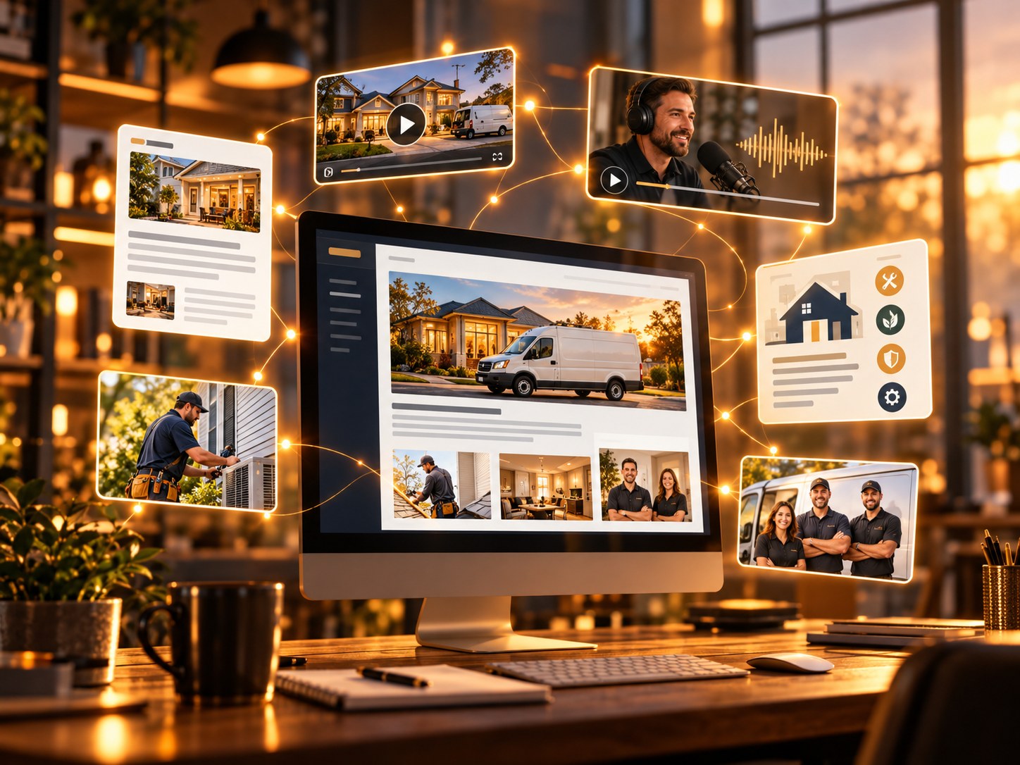 Warm-toned multimedia marketing campaign with website, video, audio, and visual content